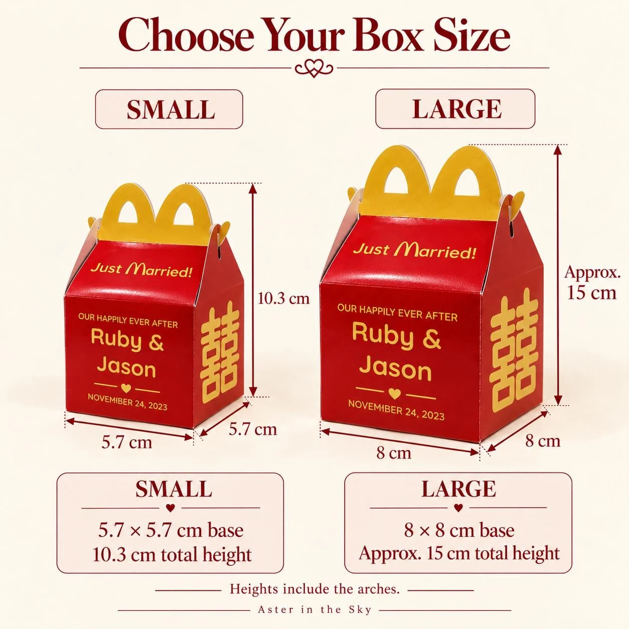 May include: Two red cardboard favor boxes with yellow arched handles, labeled Just Married, Ruby & Jason, November 24, 2023, and double happiness symbols. Small box is 5.7 by 5.7 by 10.3 cm; large box is 8 by 8 by 15 cm total height.