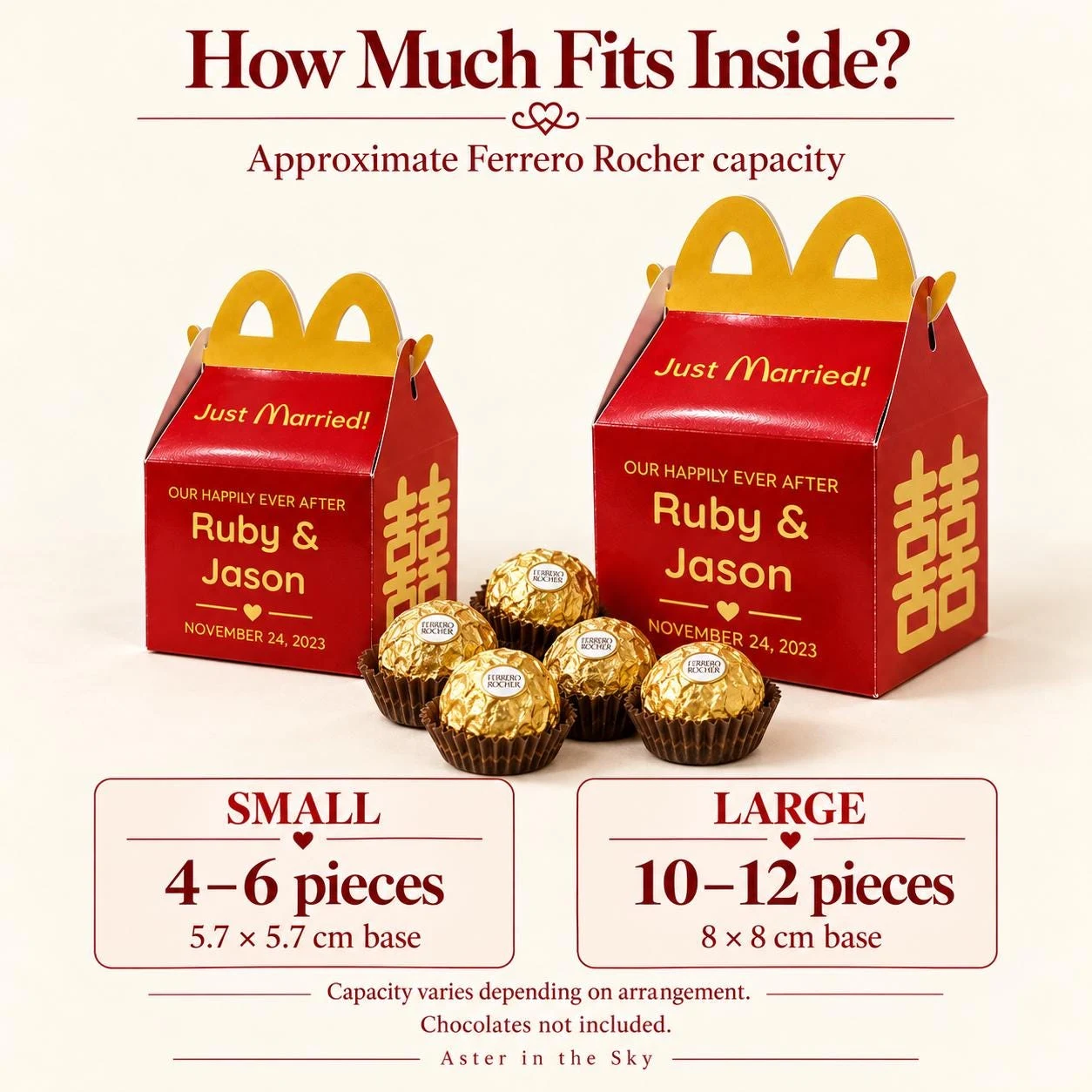 May include: Two red cardboard favor boxes with yellow handles, labeled Just Married, Our Happily Ever After, Ruby & Jason, and November 24, 2023. The small box has a 5.7 x 5.7 cm base, the large box has an 8 x 8 cm base, and five gold chocolates are shown.