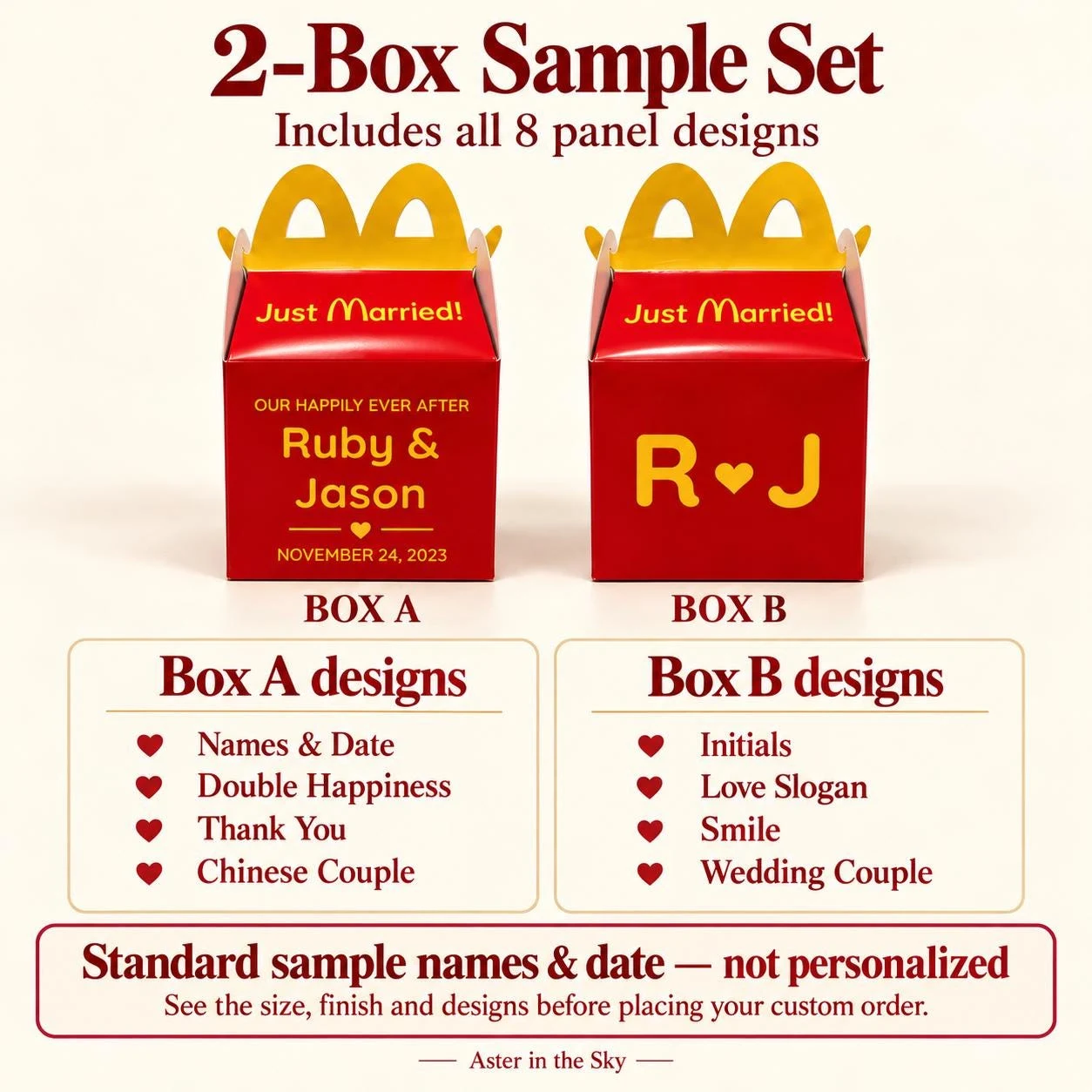 May include: A 2-box sample set featuring red cardboard boxes with yellow handles. Box A displays 'Just Married!', 'Ruby & Jason', and 'NOVEMBER 24, 2023'. Box B displays 'Just Married!' and 'R ♥ J'. Text lists 8 panel designs and sample details.