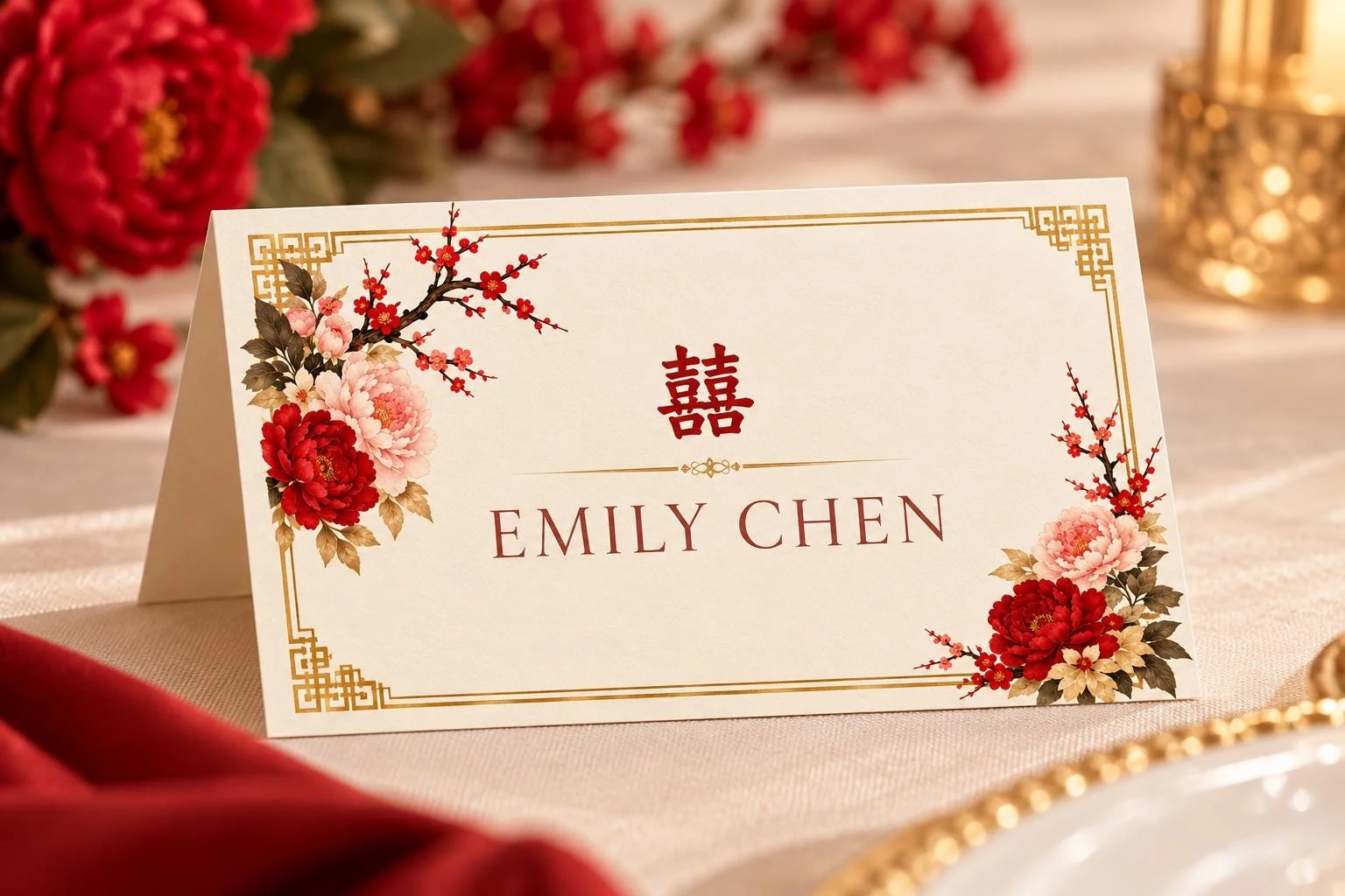 May include: A folded white place card featuring a gold geometric border, red and pink floral illustrations, the Chinese double happiness character, and the printed name EMILY CHEN in a dark red serif font centered on the front panel.