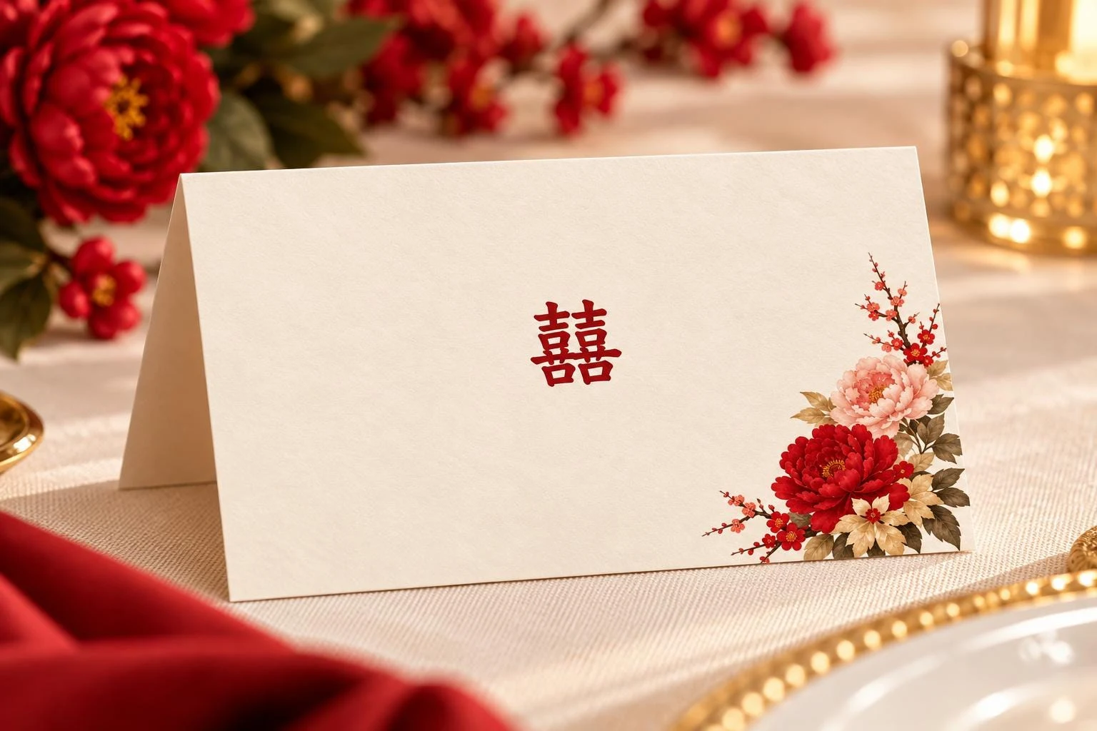 May include: A folded off-white card featuring a dark red double happiness character in the center and a floral illustration of red and pink peonies with green leaves in the bottom right corner on a textured paper surface.