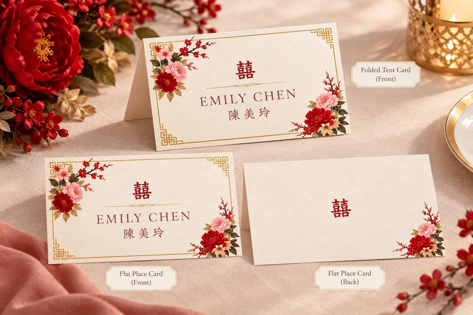 May include: A folded tent card and two flat place cards featuring cream-colored paper with gold geometric borders, red floral illustrations, and the Chinese double happiness character. The text reads EMILY CHEN and 陳美玲.