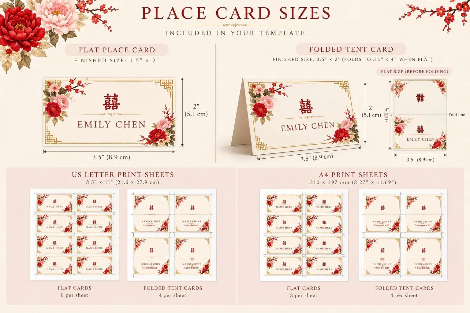 May include: A digital template guide for place cards featuring red and pink floral accents and the Chinese double happiness symbol. It displays flat cards at 3.5 by 2 inches and folded tent cards at 3.5 by 4 inches, with US letter print sheets.
