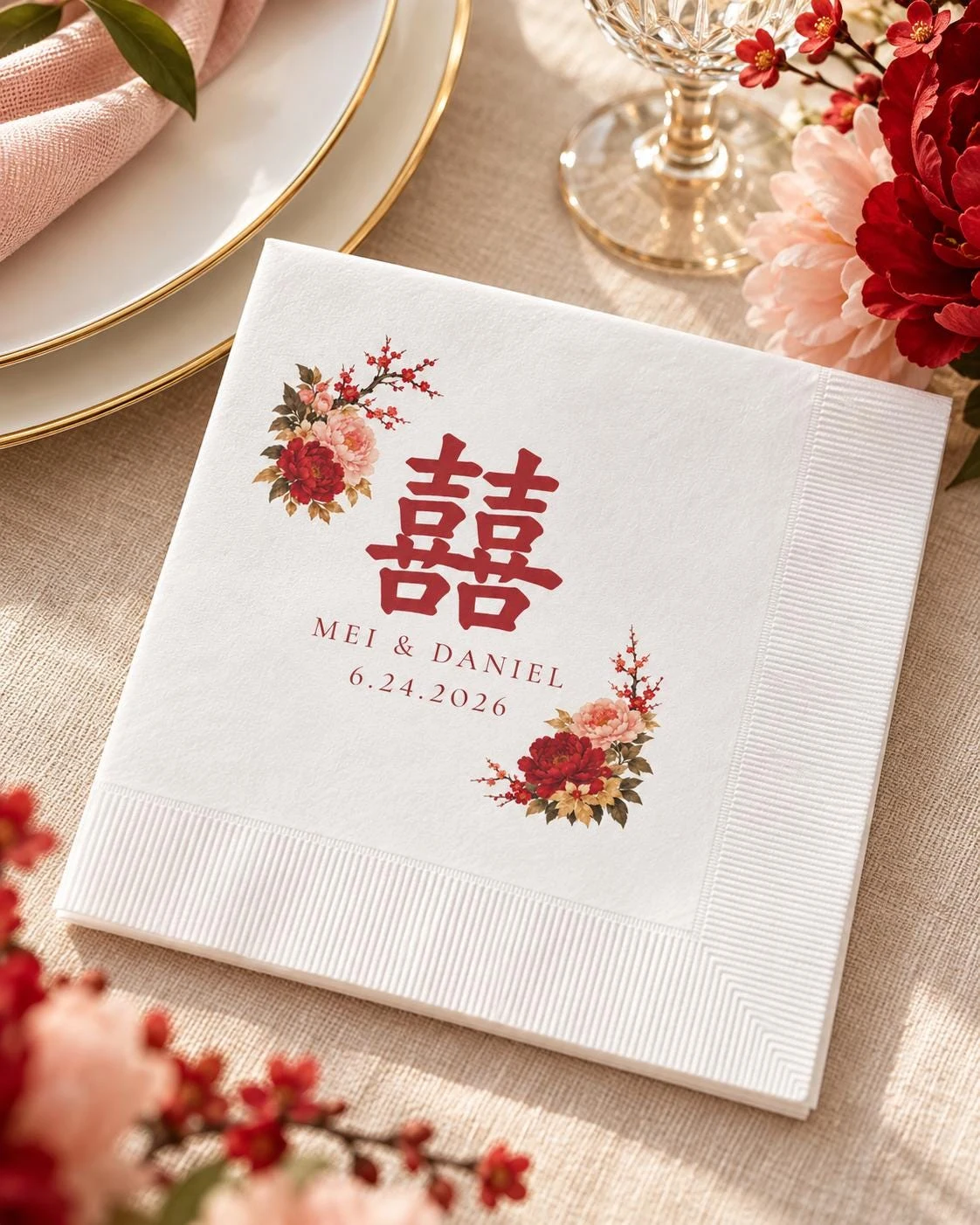 Personalized Classic Red Chinese Wedding Cocktail Napkins