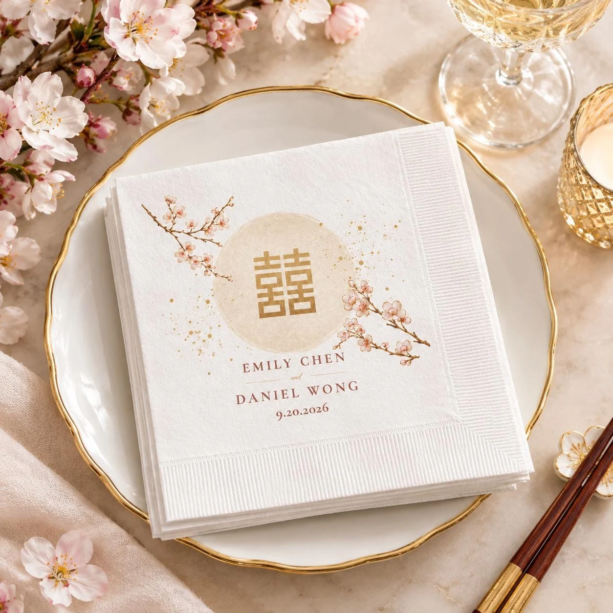Personalized Gold Cherry Blossom Wedding Cocktail Napkins